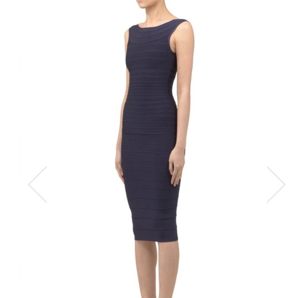 HERVE LEGER ARDELL BOAT-NECK BANDAGE DRESS in NAVY - Picture 4 of 8